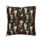 Indoor Square Floor Pillow - A bold and striking Art Deco pattern showcasing stylized feline portraits with sharp, gold lines and geometric shapes set against a dark, dramatic background.