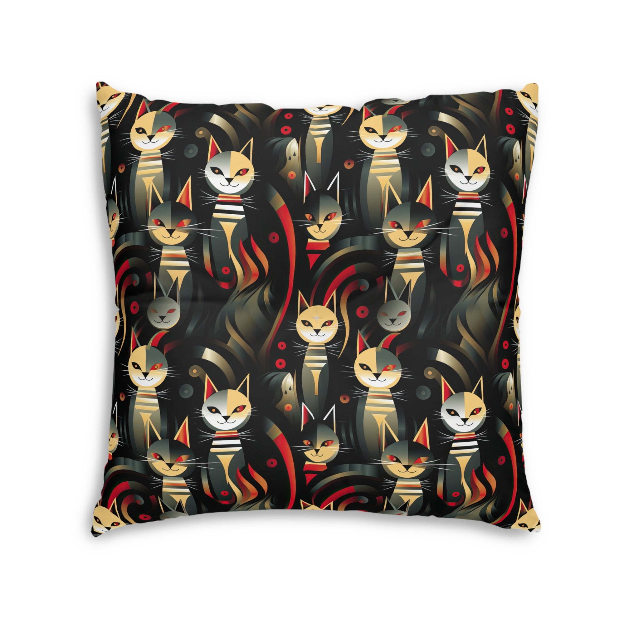 Indoor Square Floor Pillow - A bold and striking Art Deco pattern showcasing stylized feline portraits with sharp, gold lines and geometric shapes set against a dark, dramatic background.