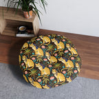 Indoor Round Floor Pillow - Golden Egyptian Cats with Pharaonic Headpieces Amidst Lush Palms and Lotus Flowers in an Exotic and Vibrant Scene