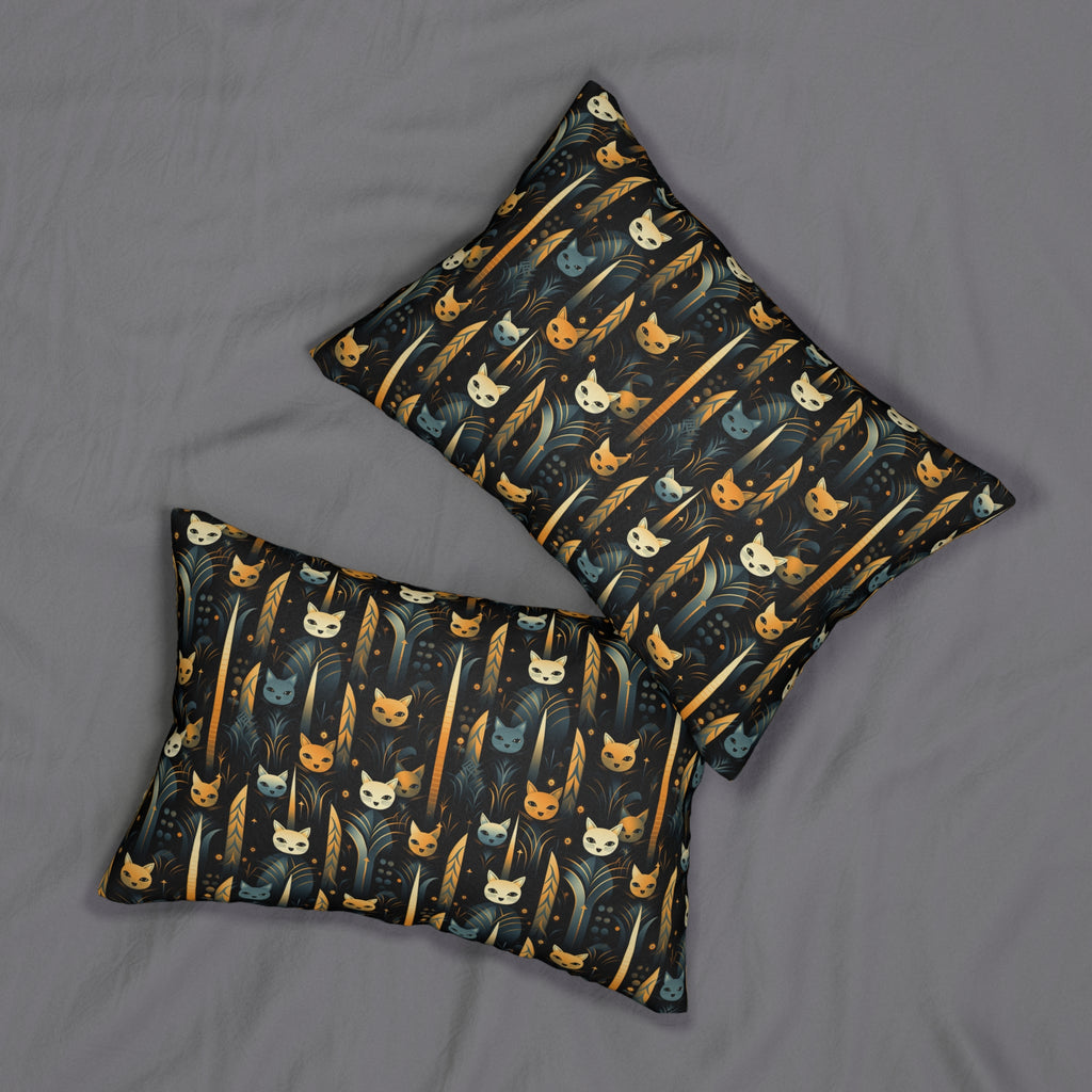 Indoor Lumbar Pillow - A sleek and stylish Art Deco-inspired pattern depicting a serene nocturnal landscape with streamlined cat silhouettes and radiating golden light among abstract plants.