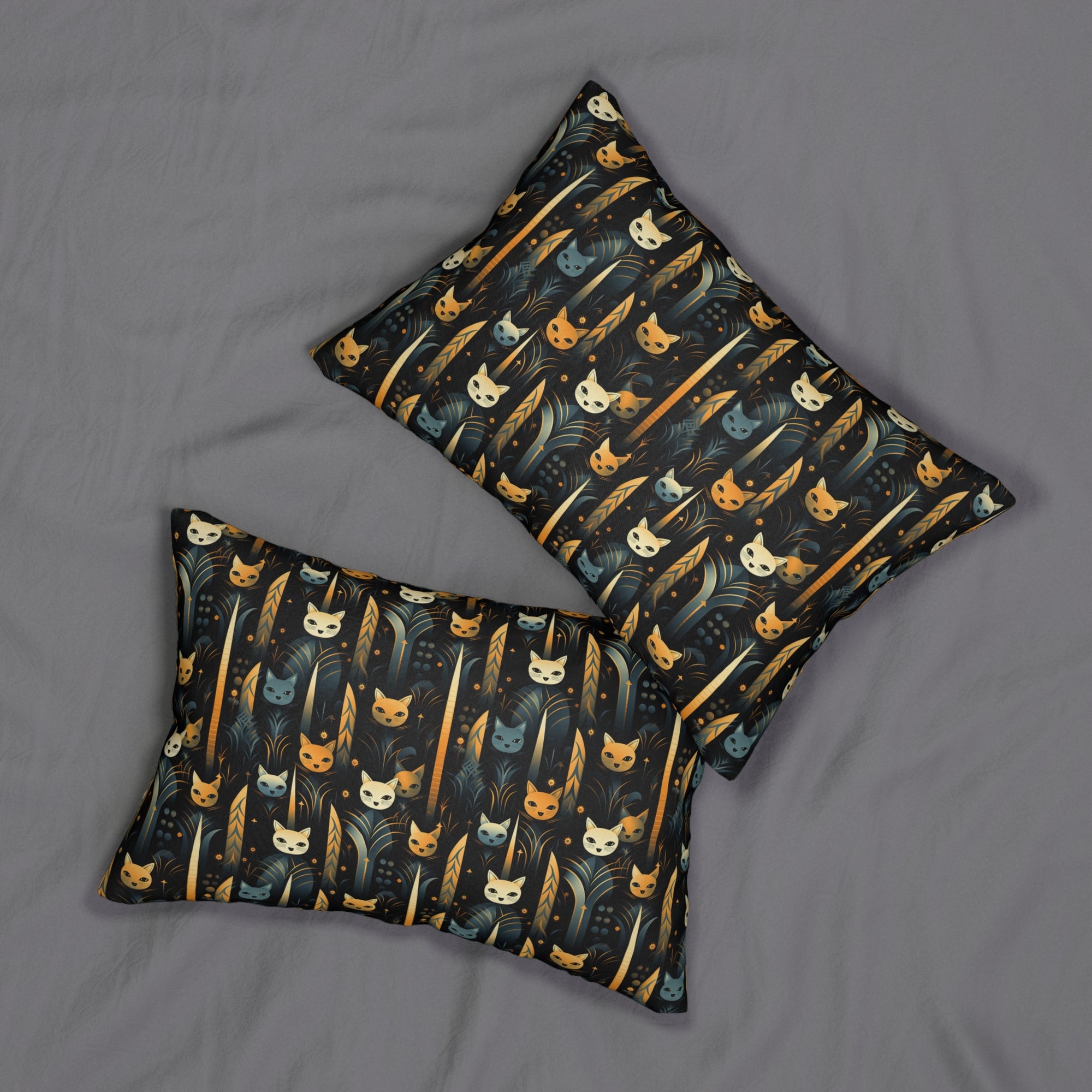 Indoor Lumbar Pillow - A sleek and stylish Art Deco-inspired pattern depicting a serene nocturnal landscape with streamlined cat silhouettes and radiating golden light among abstract plants.