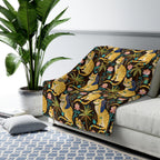 Sherpa Blanket - Golden Egyptian Cats with Pharaonic Headpieces Amidst Lush Palms and Lotus Flowers in an Exotic and Vibrant Scene