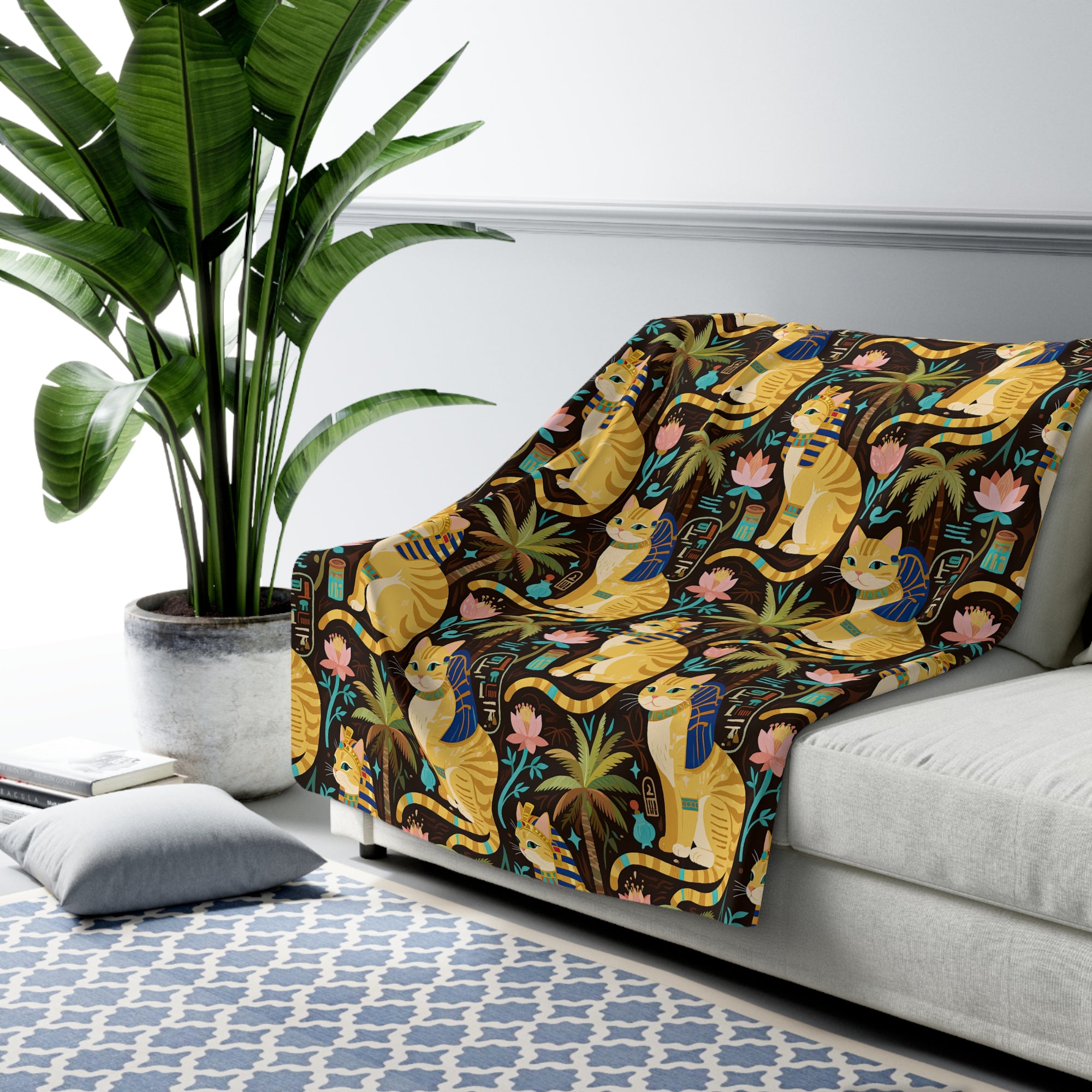 Sherpa Blanket - Golden Egyptian Cats with Pharaonic Headpieces Amidst Lush Palms and Lotus Flowers in an Exotic and Vibrant Scene