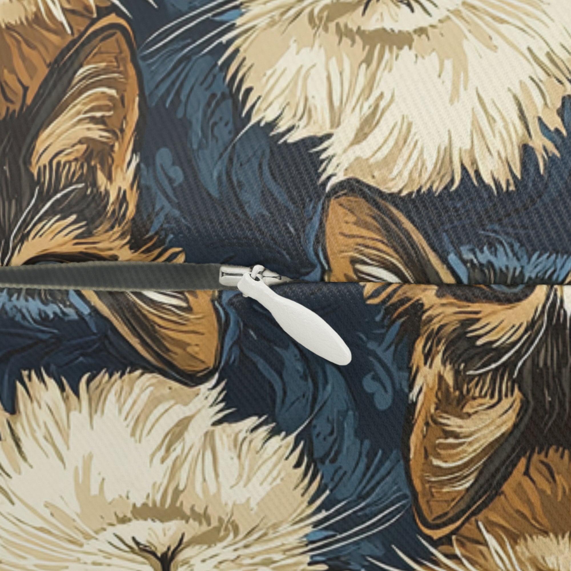 Indoor Lumbar Pillow - Blue Eyed Cats with Brown and White Fur on a Deep Blue Damask Background
