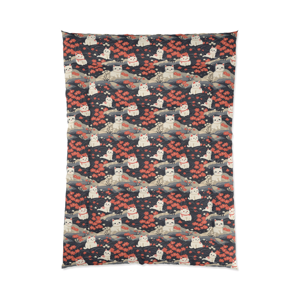 Comforter - A charming, minimalist, Japanese-style illustration of cute white cats sitting amongst vibrant red and white flowers on a dark background.
