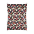 Comforter - A charming, minimalist, Japanese-style illustration of cute white cats sitting amongst vibrant red and white flowers on a dark background.