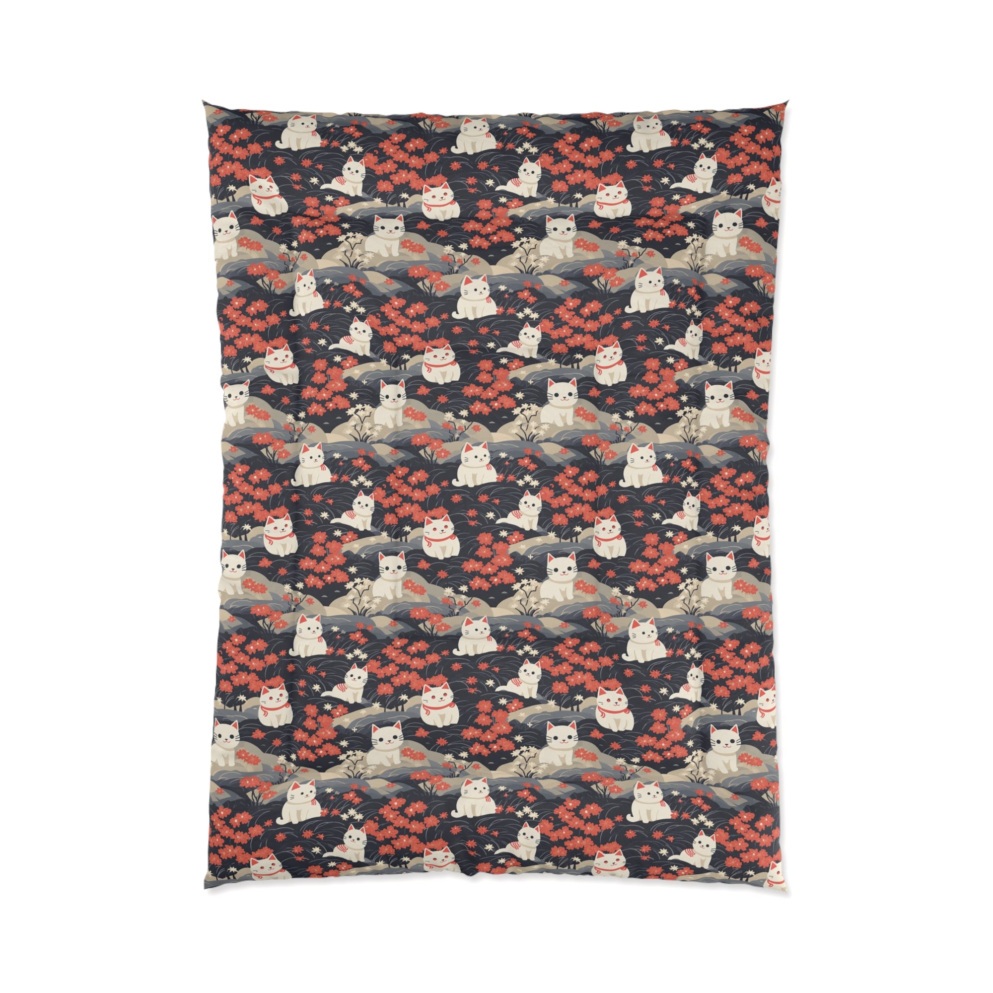 Comforter - A charming, minimalist, Japanese-style illustration of cute white cats sitting amongst vibrant red and white flowers on a dark background.