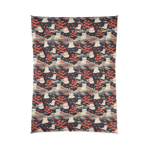 Comforter - A charming, minimalist, Japanese-style illustration of cute white cats sitting amongst vibrant red and white flowers on a dark background.