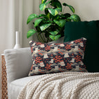 Indoor Lumbar Pillow - A charming, minimalist, Japanese-style illustration of cute white cats sitting amongst vibrant red and white flowers on a dark background.