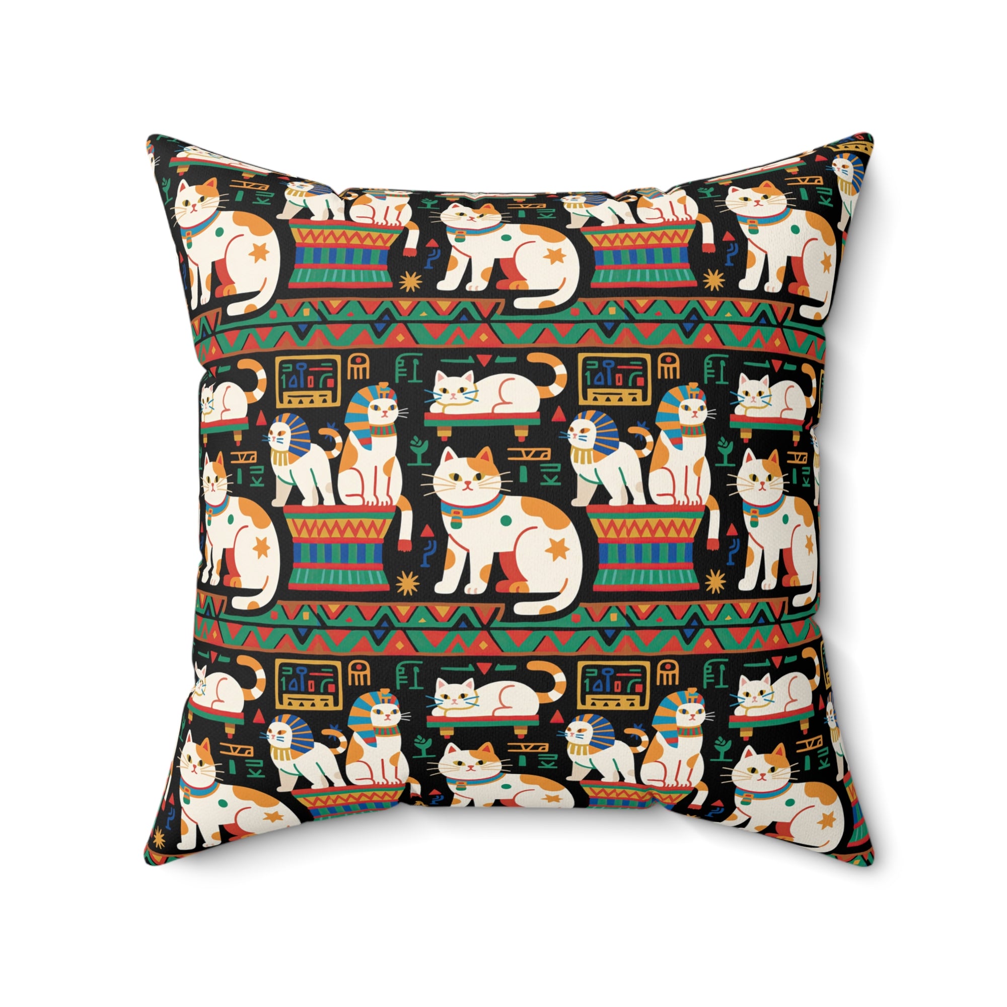 Indoor Square Pillow - Ancient Egyptian Felines with Hieroglyphs and Colorful Borders Adorn this Playful and Culturally Rich Cat Pattern