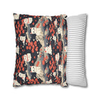 Square Pillowcase - A charming, minimalist, Japanese-style illustration of cute white cats sitting amongst vibrant red and white flowers on a dark background.