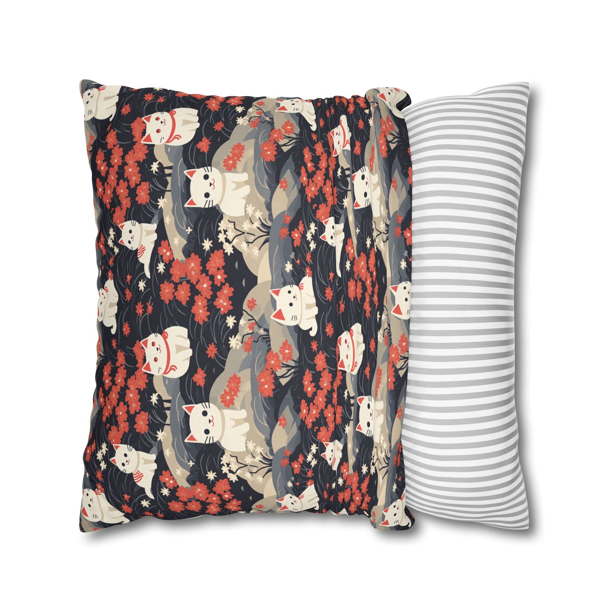 Square Pillowcase - A charming, minimalist, Japanese-style illustration of cute white cats sitting amongst vibrant red and white flowers on a dark background.
