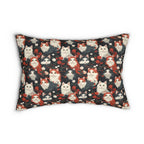 Indoor Lumbar Pillow - A detailed and ornate Victorian-style pattern featuring a tight grouping of fluffy cats of various colors surrounded by black and red flowers and leaves.