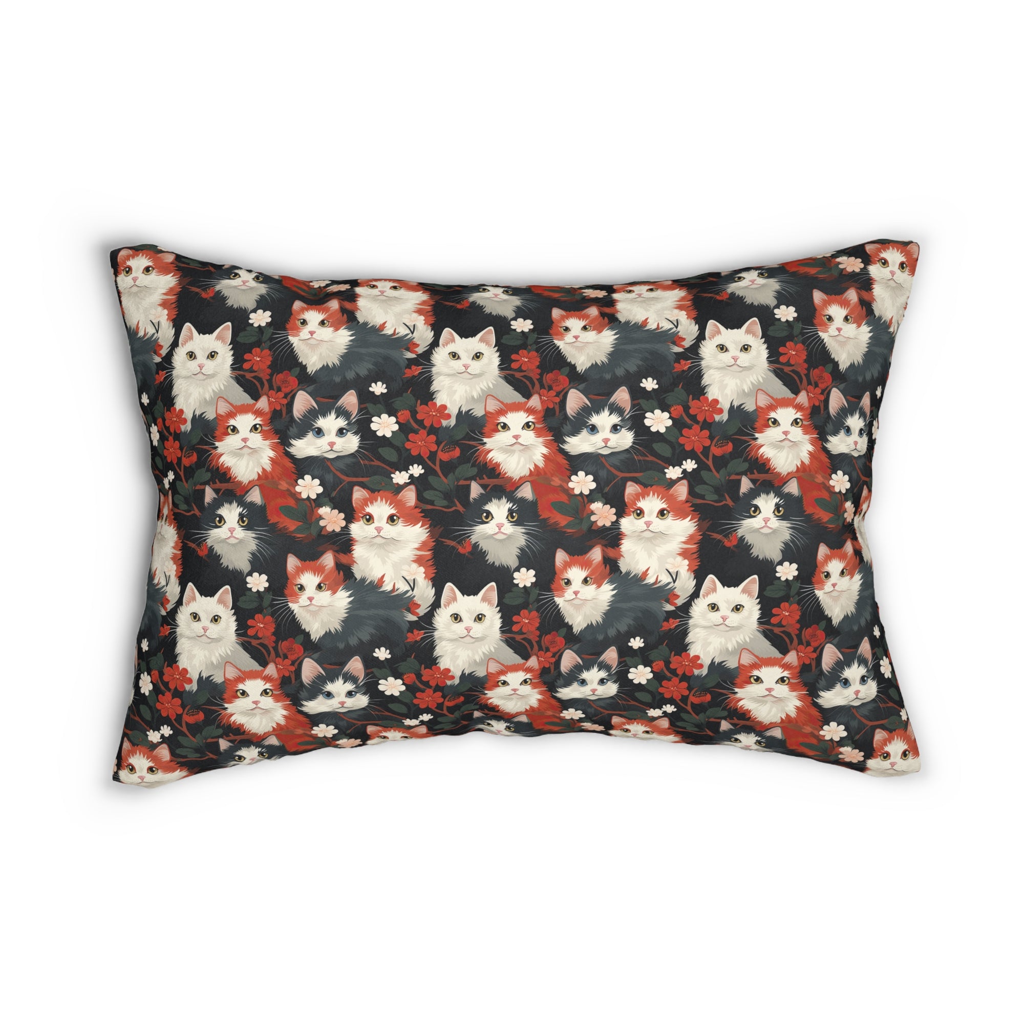Indoor Lumbar Pillow - A detailed and ornate Victorian-style pattern featuring a tight grouping of fluffy cats of various colors surrounded by black and red flowers and leaves.