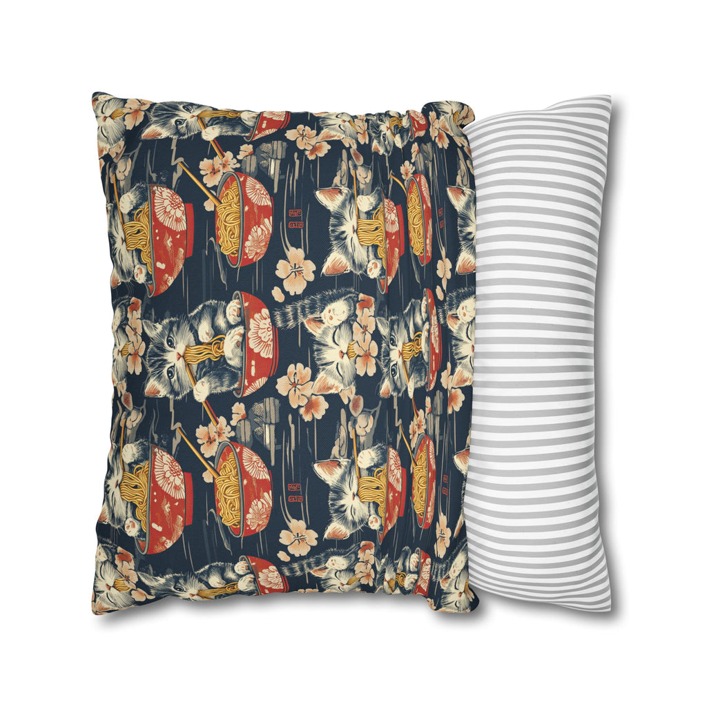 Square Pillowcase - A charming and detailed illustration of happy kittens in red ramen bowls eating their noodles with chopsticks among beautiful pink cherry blossoms on a dark background.