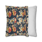 Square Pillowcase - A charming and detailed illustration of happy kittens in red ramen bowls eating their noodles with chopsticks among beautiful pink cherry blossoms on a dark background.