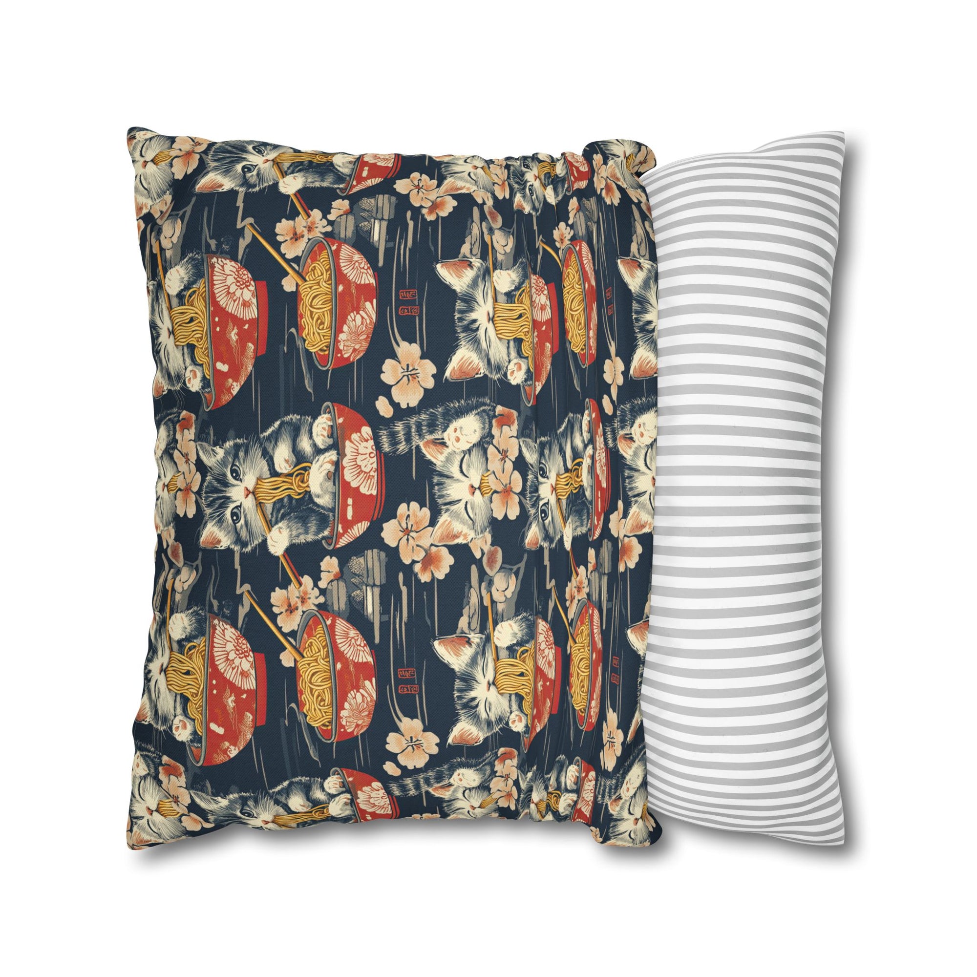 Square Pillowcase - A charming and detailed illustration of happy kittens in red ramen bowls eating their noodles with chopsticks among beautiful pink cherry blossoms on a dark background.