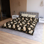 Duvet Cover - Elegant felines and sparkling gold yarn on black, adorable cats with golden paw prints, sophisticated pet motif, charming animal pattern, cozy and warm artistic illustration