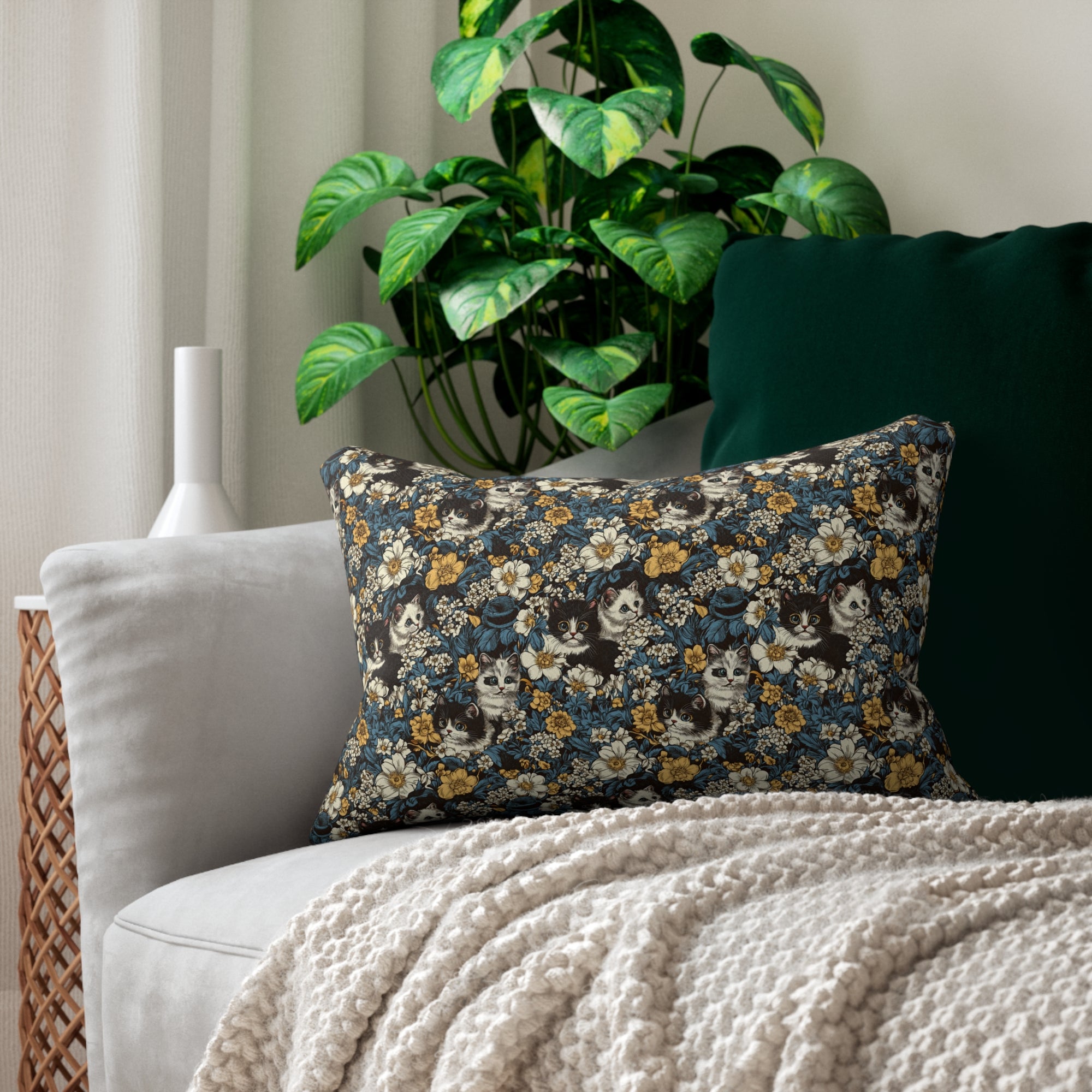 Indoor Lumbar Pillow - Black and White Kittens with Yellow and White Flowers, Dark Blue Leaves, Vintage Charm