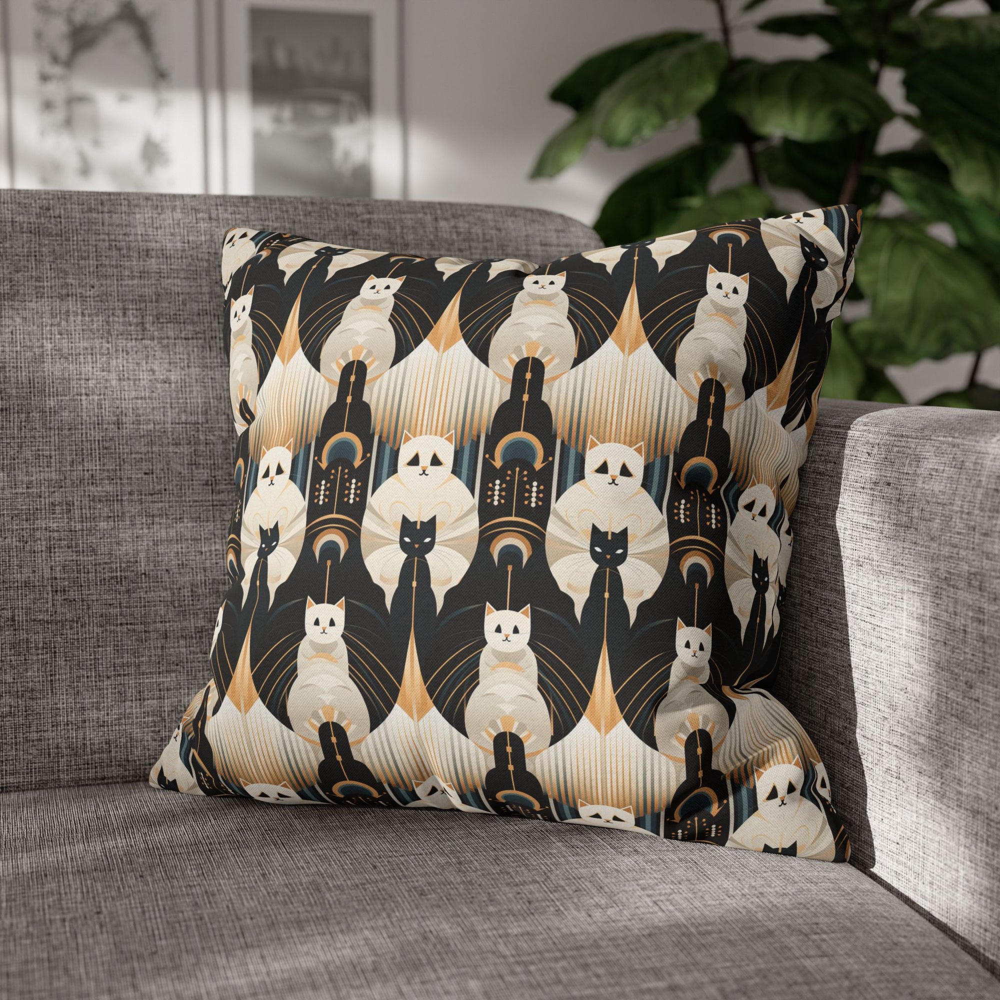 Square Pillowcase - An elegant and artistic Art Deco-style pattern featuring streamlined white cats with a striking geometric backdrop of golden and black lines and shapes.