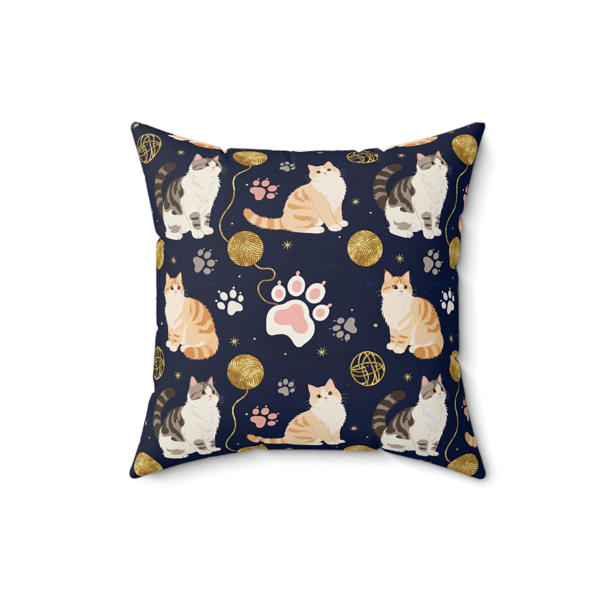 Indoor Square Pillow - Charming cats and golden yarn playful design, cute kittens with paw prints, whimsical animal art for cat lovers, dark blue background, delightful pet themed illustration