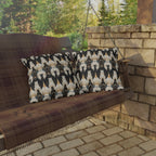 Outdoor Pillow - An elegant and artistic Art Deco-style pattern featuring streamlined white cats with a striking geometric backdrop of golden and black lines and shapes.