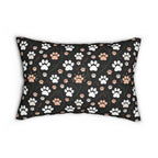 Indoor Lumbar Pillow - Whimsical cat and kitten garden party, various cat breeds amidst green foliage and pink flowers, charming animal illustration, dark forest green background, playful and natural art