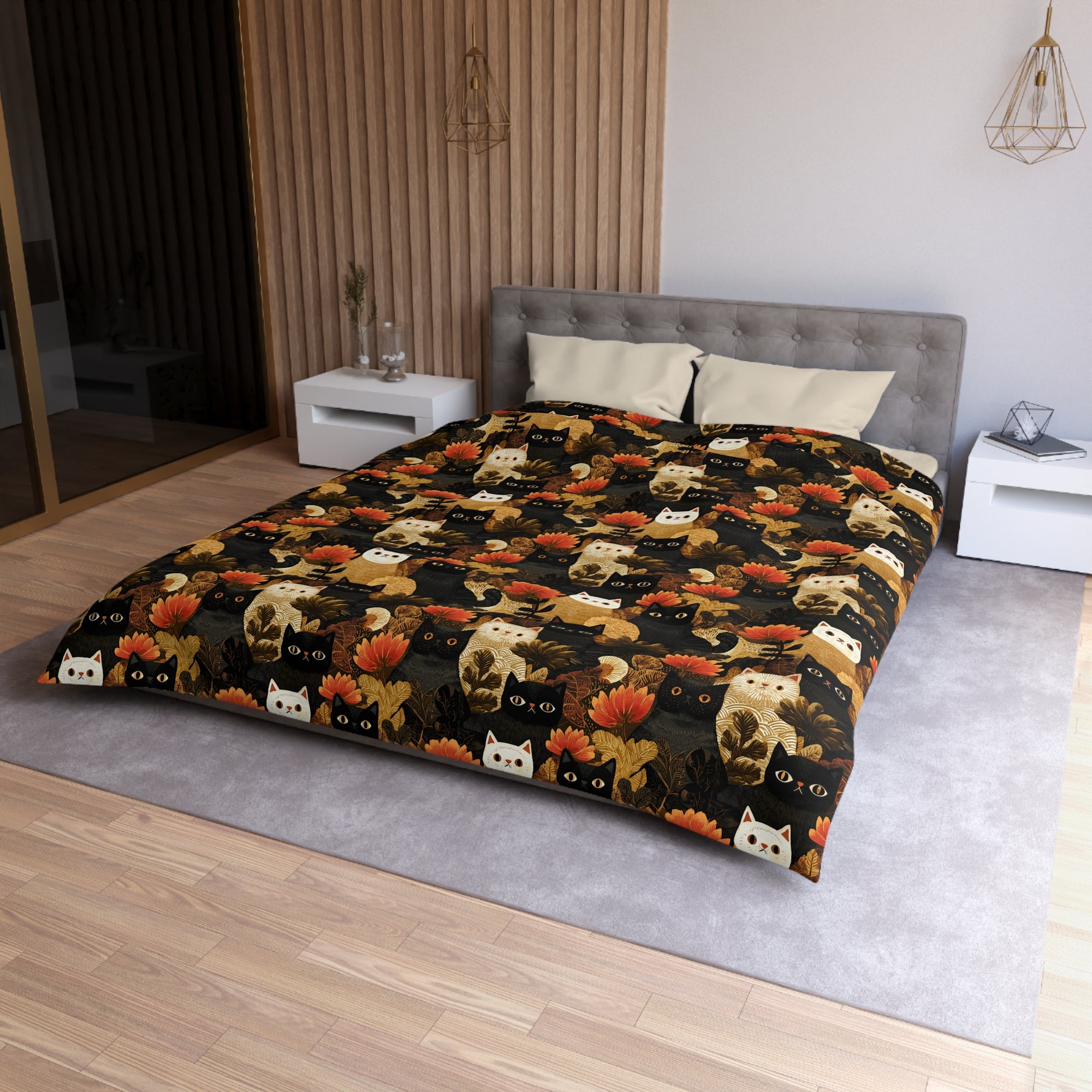 Duvet Cover - A dark and fantastical illustrative painting of many different cats and plants, creating a dense, mysterious, and golden jungle or forest scene.