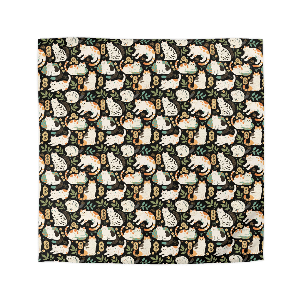 Duvet Cover - Traditional Japanese Maneki-Neko Cats and Auspicious Symbols Grace a Dark Background in this Fortunate Pattern