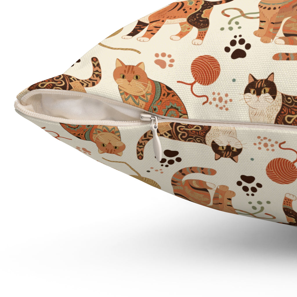 Indoor Square Pillow - Artistic patterned cats in warm earth tones, unique tribal and folk art designs, playful felines with yarn and paw prints, bohemian animal print, cream background, creative cat art
