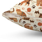Indoor Square Pillow - Artistic patterned cats in warm earth tones, unique tribal and folk art designs, playful felines with yarn and paw prints, bohemian animal print, cream background, creative cat art