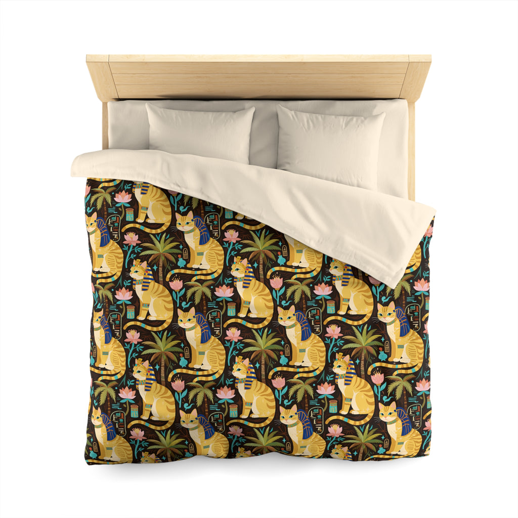 Duvet Cover - Golden Egyptian Cats with Pharaonic Headpieces Amidst Lush Palms and Lotus Flowers in an Exotic and Vibrant Scene