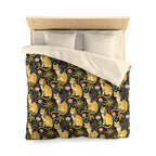 Duvet Cover - Golden Egyptian Cats with Pharaonic Headpieces Amidst Lush Palms and Lotus Flowers in an Exotic and Vibrant Scene