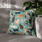 Square Pillowcase - A Delightful Assortment of Charming Cats in Diverse Poses and Breeds Scattered Across a Soft Blue Floral Background
