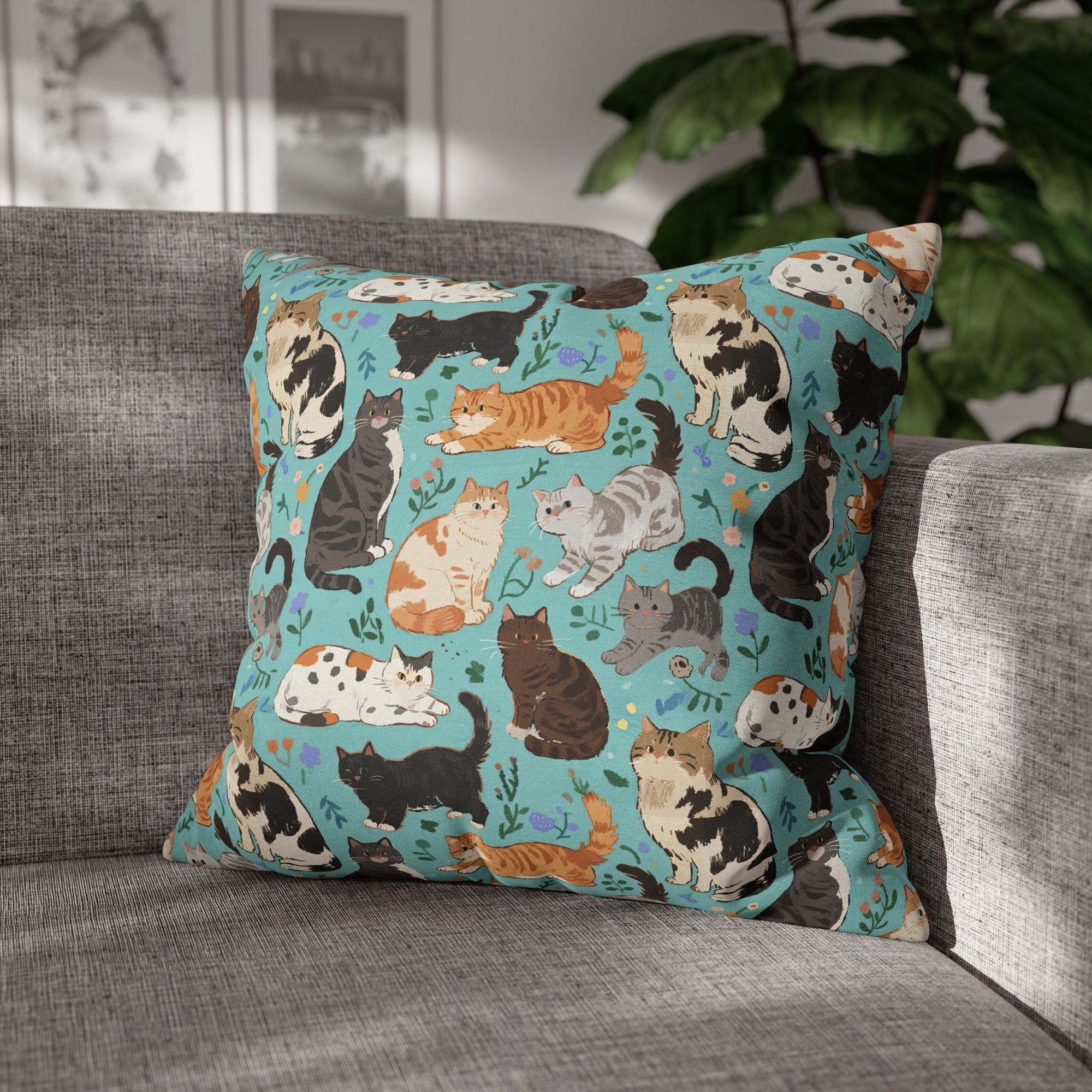 Square Pillowcase - A Delightful Assortment of Charming Cats in Diverse Poses and Breeds Scattered Across a Soft Blue Floral Background