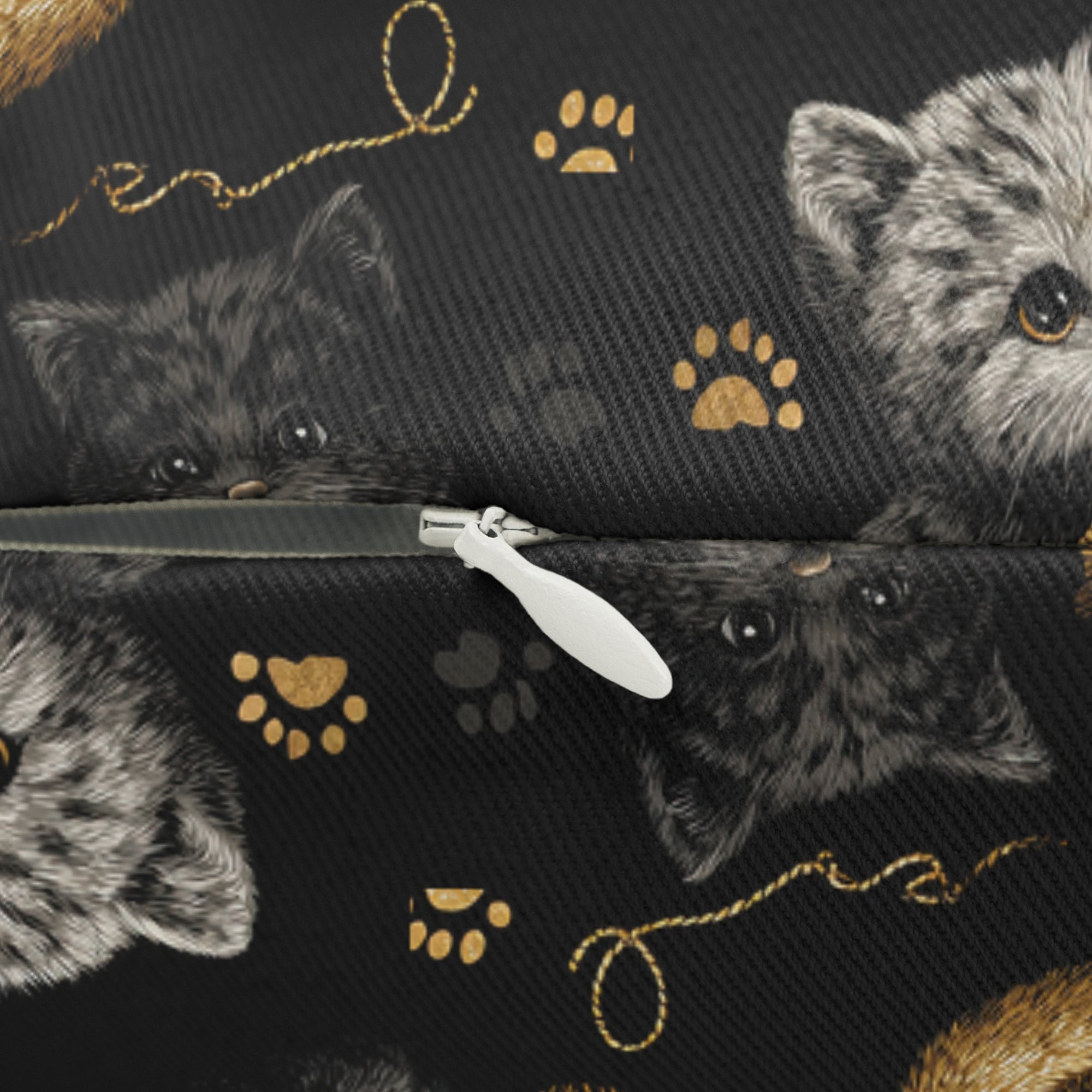 Indoor Lumbar Pillow - Assorted Cute Kittens with Colorful Yarn Balls and Paw Prints on a Black Backdrop