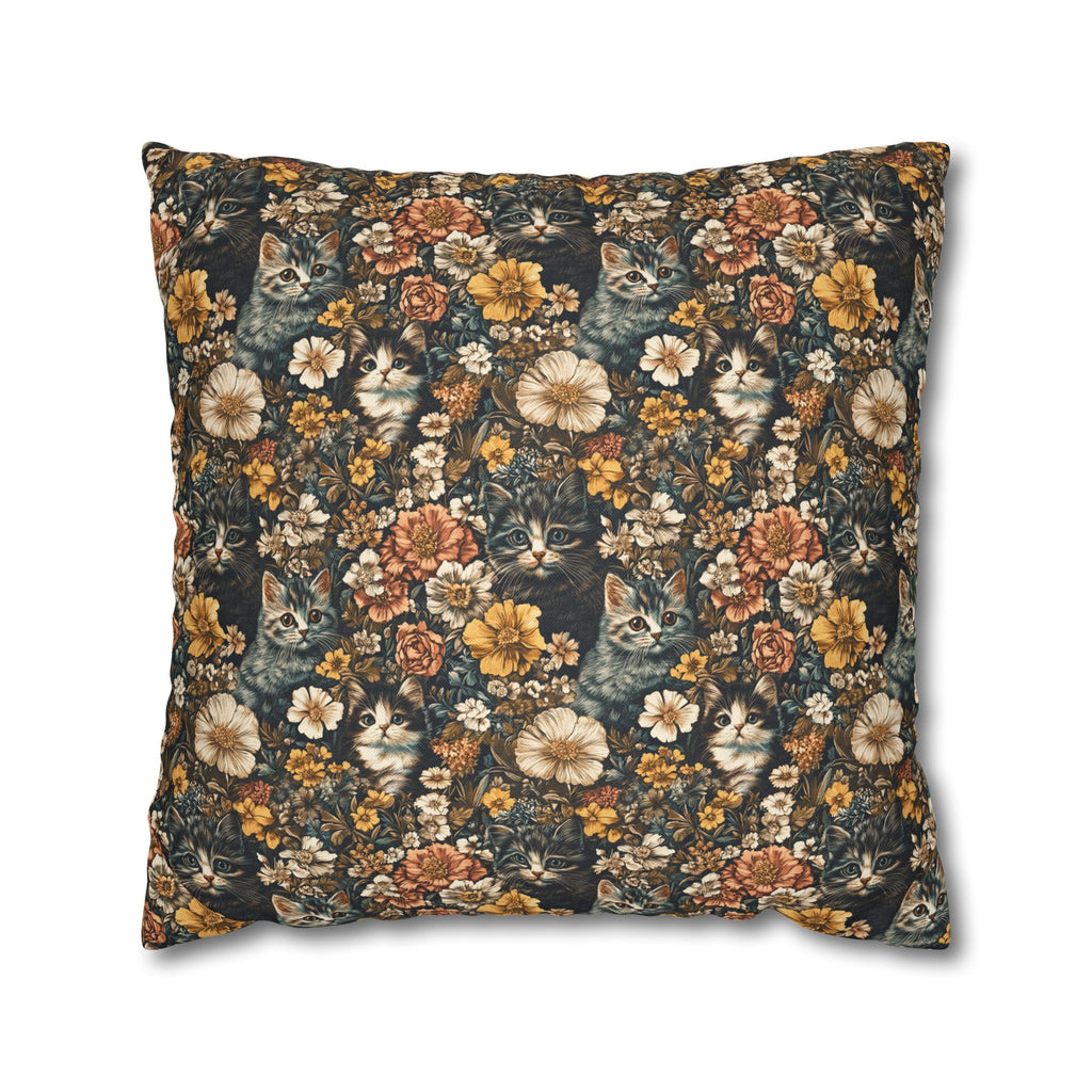 Square Pillowcase - Grey Tabby Kittens Among Yellow and Peach Flowers, Moody Vintage Botanical Illustration