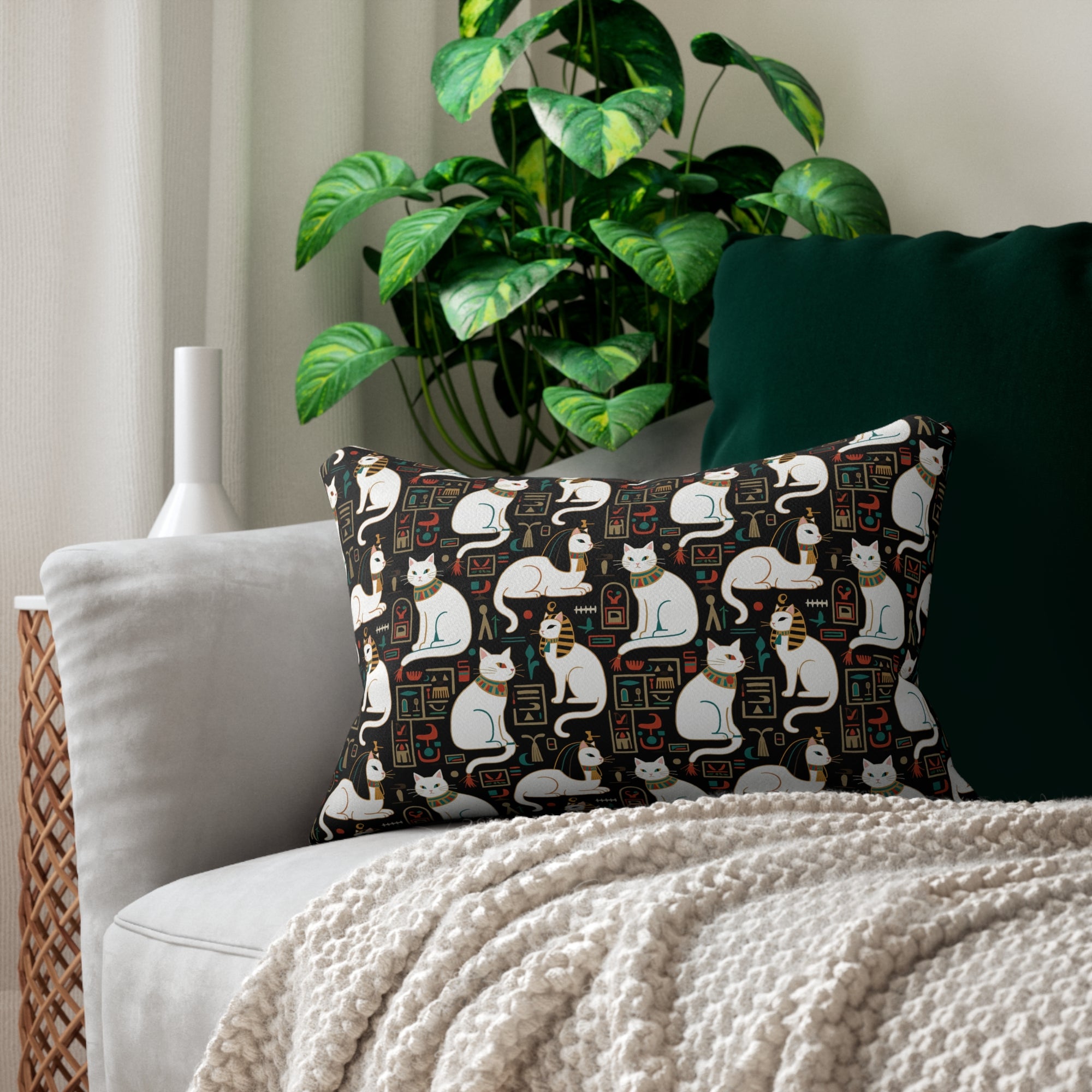 Indoor Lumbar Pillow - Regal White Egyptian Cats with Ornate Collars and Ancient Symbols Adorn this Historically Inspired and Mystical Pattern