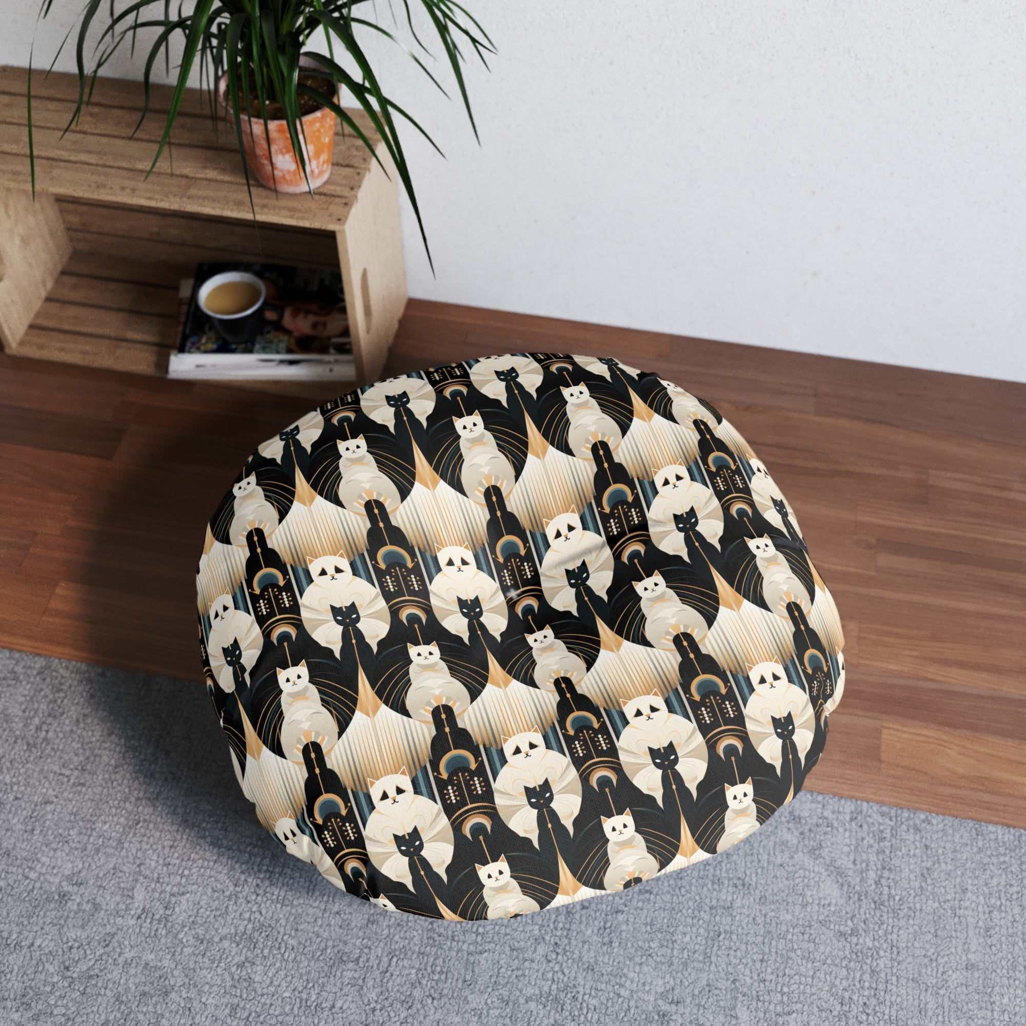 Indoor Round Floor Pillow - An elegant and artistic Art Deco-style pattern featuring streamlined white cats with a striking geometric backdrop of golden and black lines and shapes.
