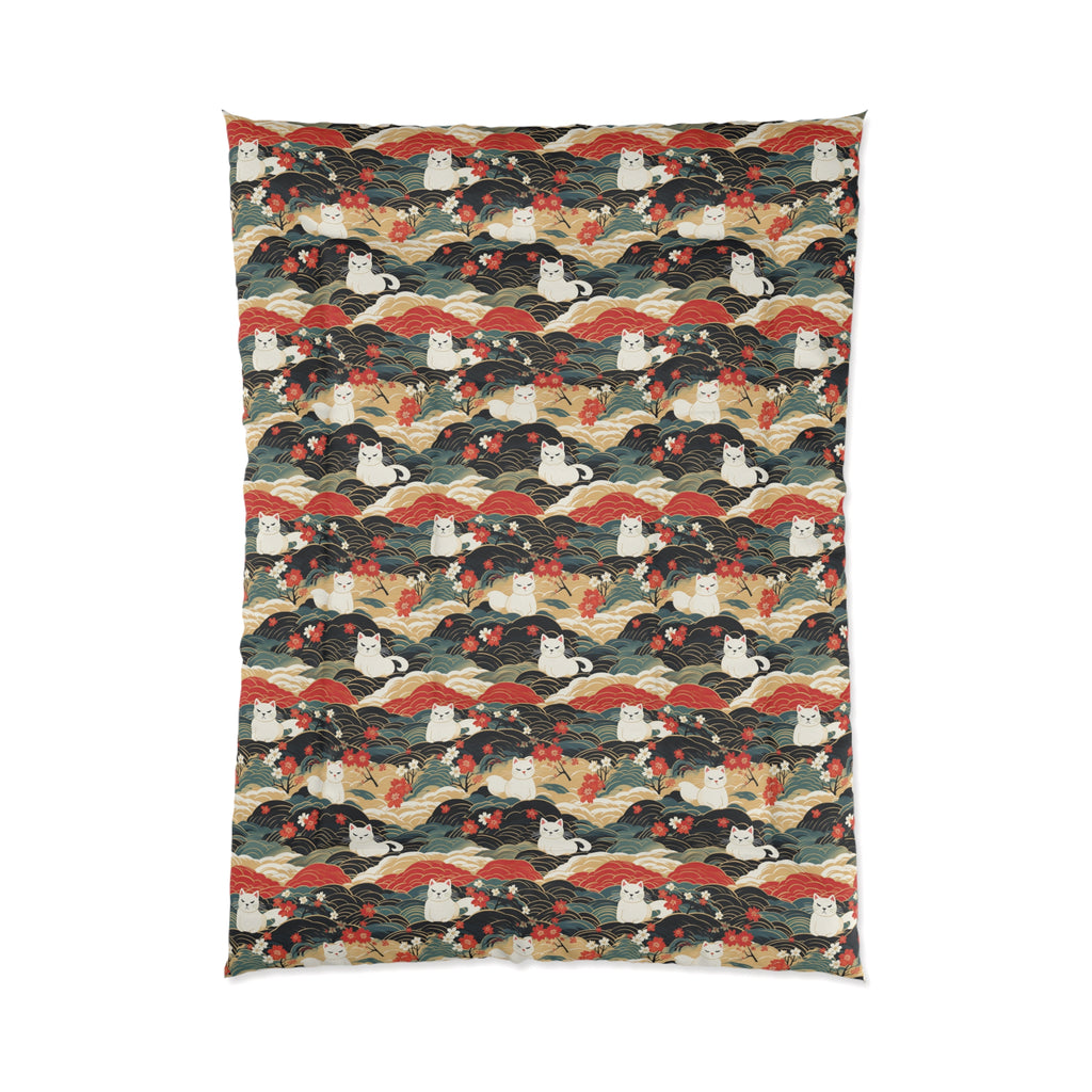 Comforter - A beautiful, Japanese-inspired illustration of tranquil white cats resting on rolling clouds with vibrant red and white cherry blossoms.