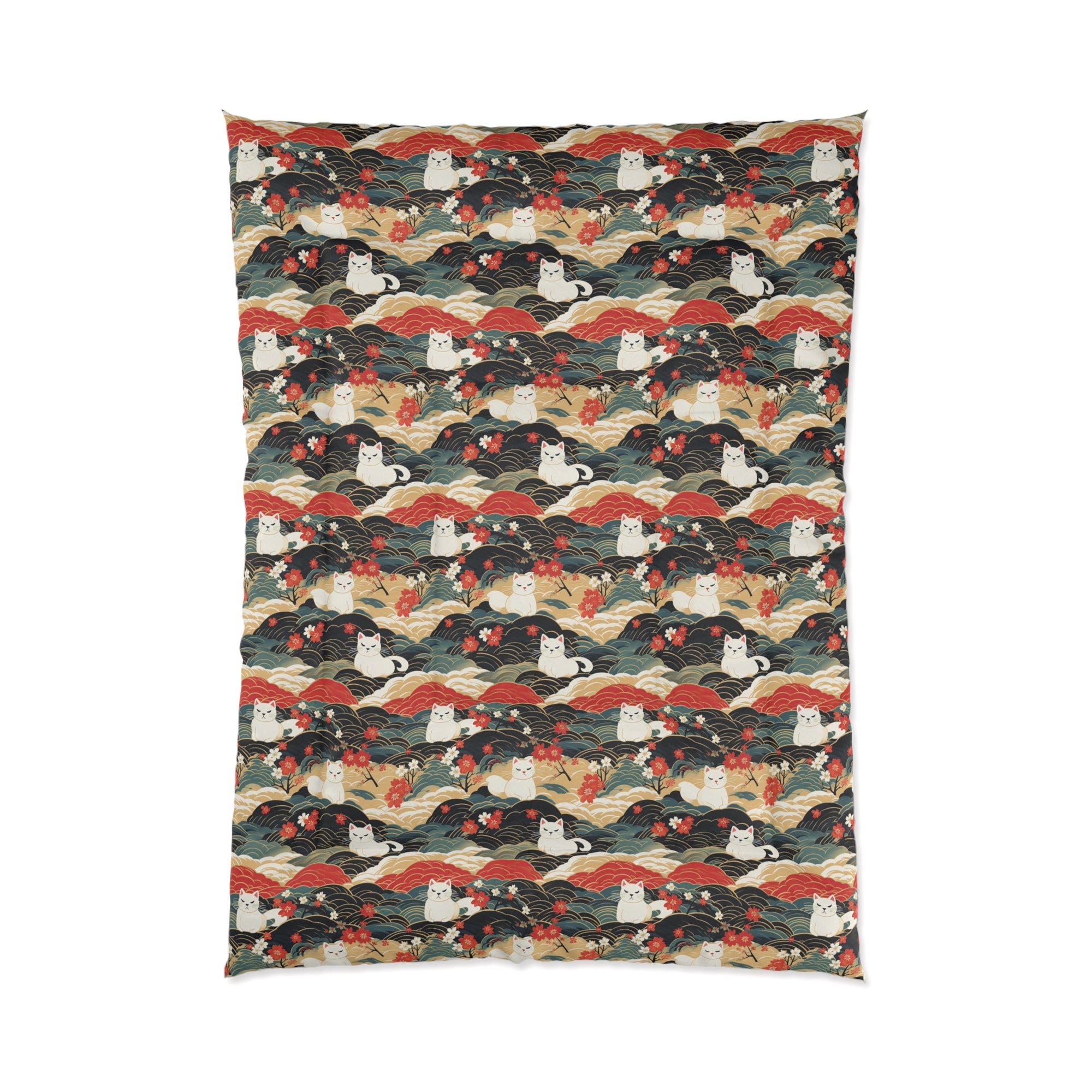 Comforter - A beautiful, Japanese-inspired illustration of tranquil white cats resting on rolling clouds with vibrant red and white cherry blossoms.