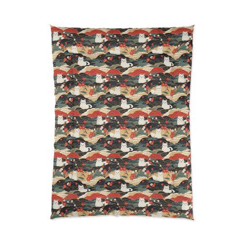 Comforter - A beautiful, Japanese-inspired illustration of tranquil white cats resting on rolling clouds with vibrant red and white cherry blossoms.