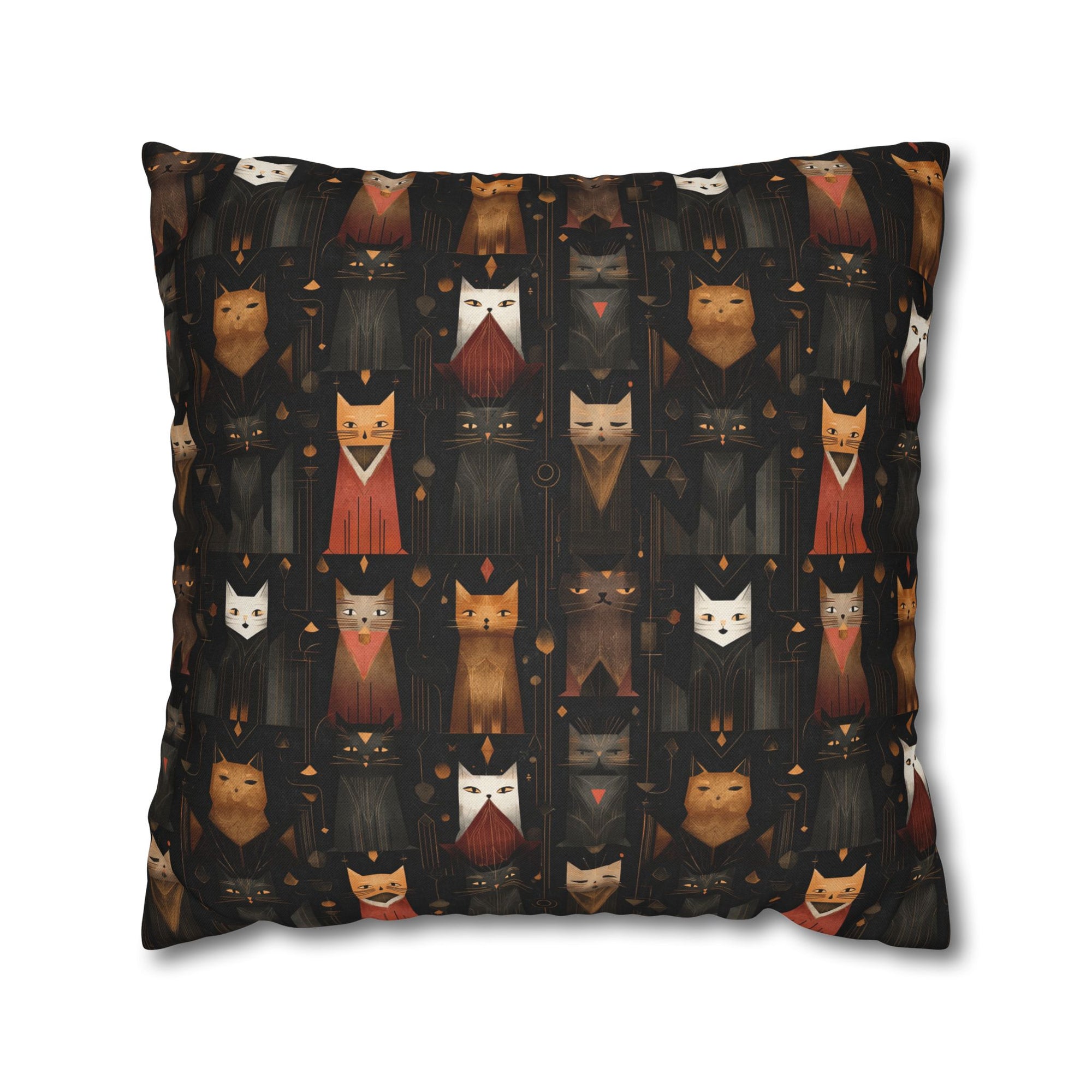 Square Pillowcase - A striking and sophisticated Art Deco-style pattern of felines with bold, intricate lines and dramatic geometric shapes, all rendered in a unique gold and gray color palette.