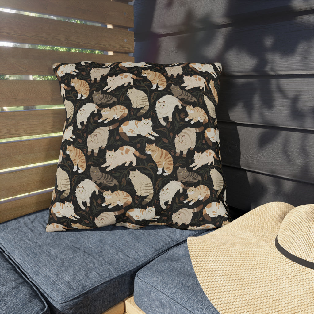 Outdoor Pillow - Earthy Toned Cats Lounge and Play Amidst Dark Foliage in a Serene and Naturally Inspired Seamless Pattern Design
