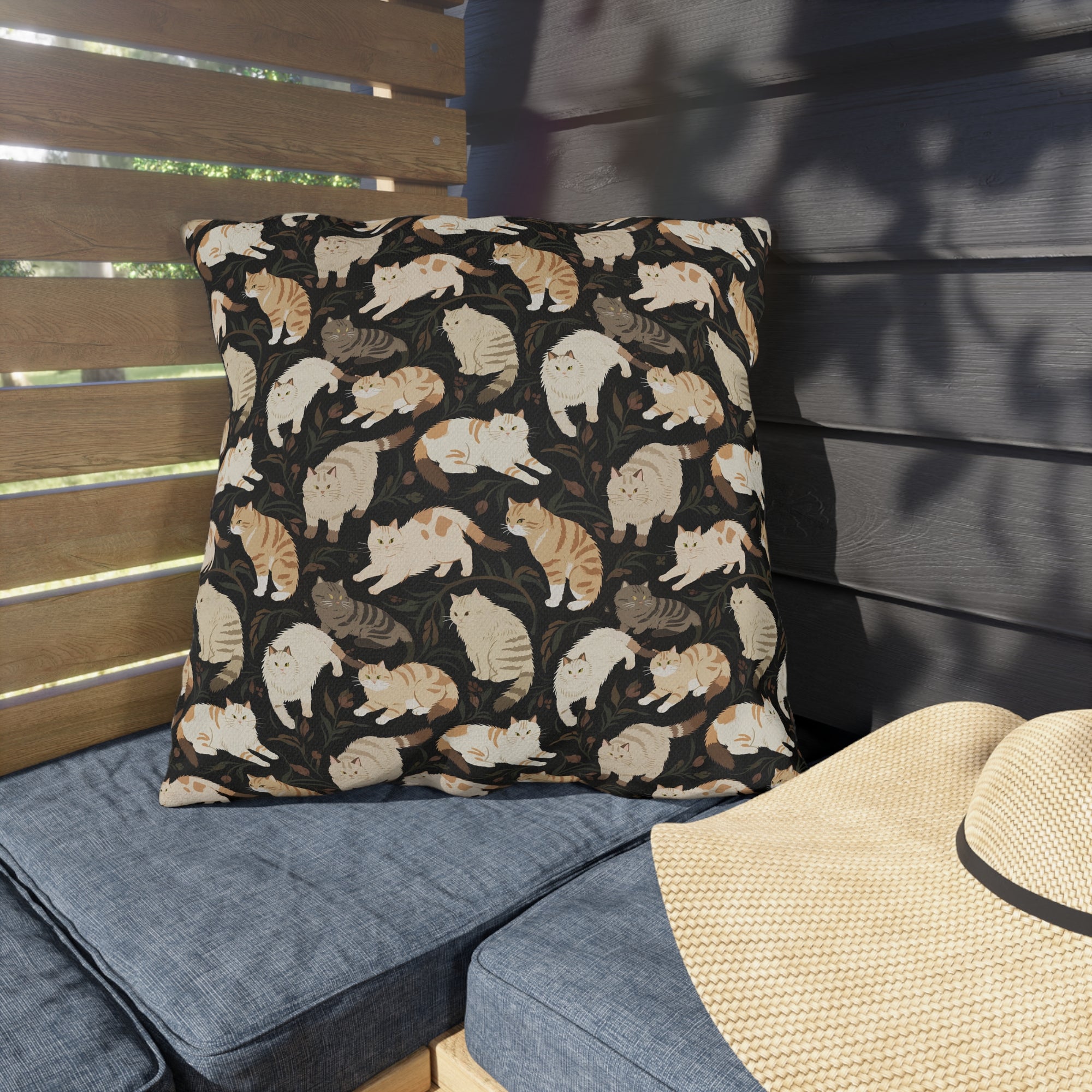 Outdoor Pillow - Earthy Toned Cats Lounge and Play Amidst Dark Foliage in a Serene and Naturally Inspired Seamless Pattern Design