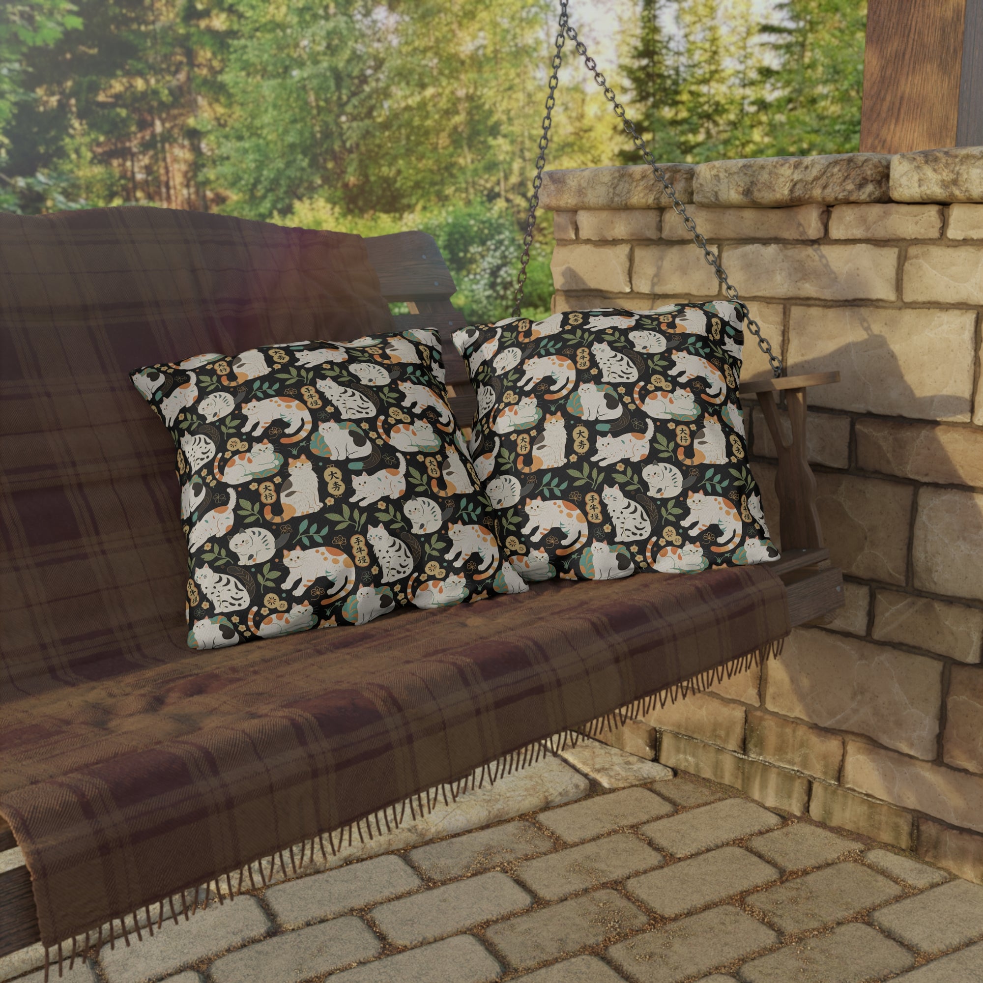 Outdoor Pillow - Traditional Japanese Maneki-Neko Cats and Auspicious Symbols Grace a Dark Background in this Fortunate Pattern