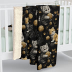 Sherpa Blanket - Assorted Cute Kittens with Colorful Yarn Balls and Paw Prints on a Black Backdrop