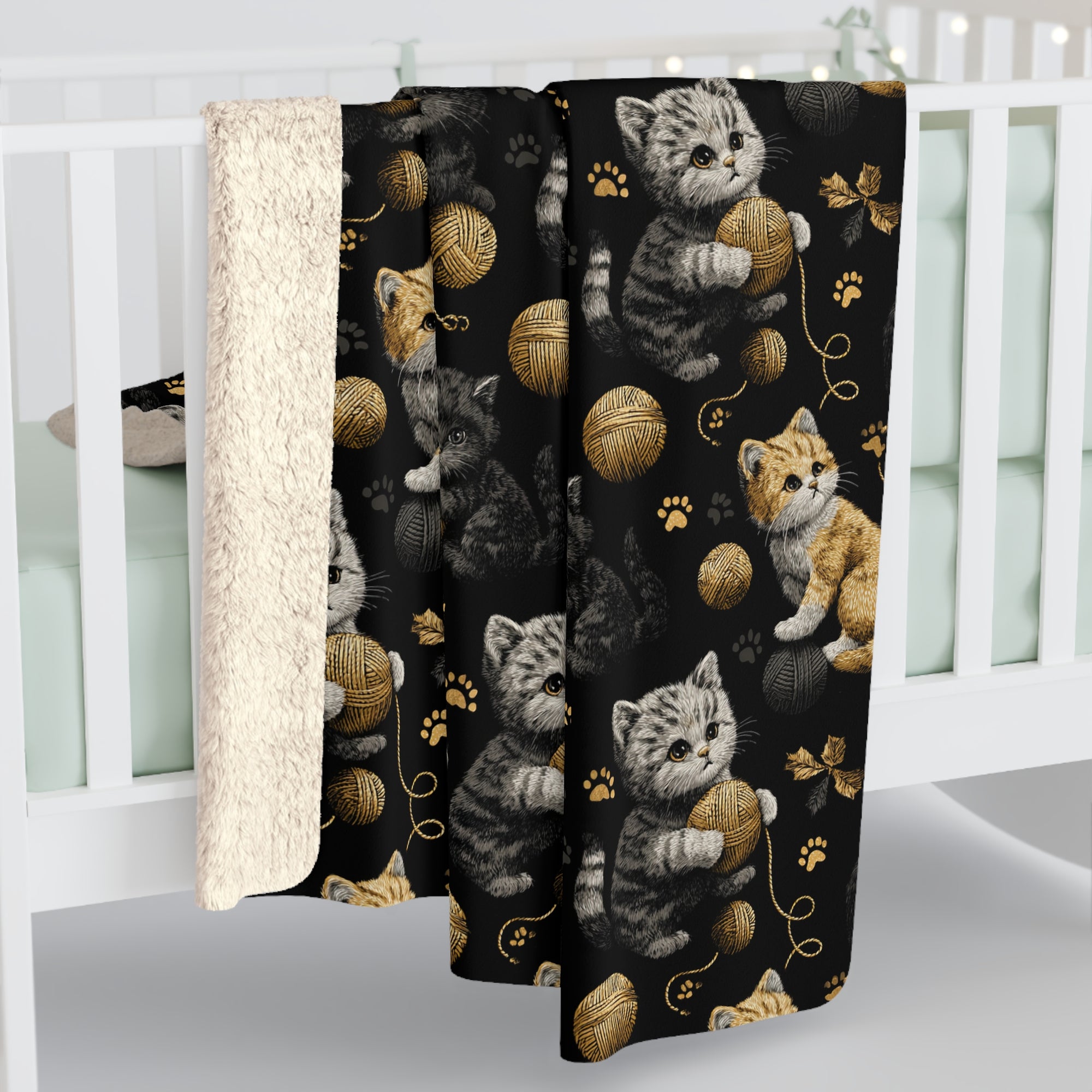 Sherpa Blanket - Assorted Cute Kittens with Colorful Yarn Balls and Paw Prints on a Black Backdrop