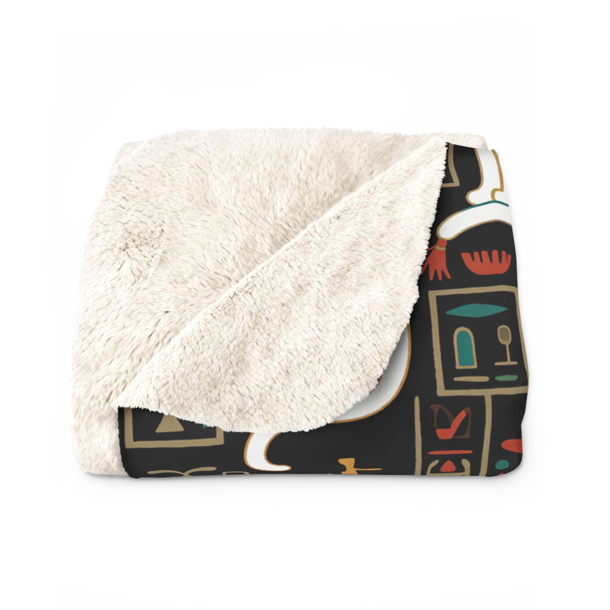 Sherpa Blanket - Regal White Egyptian Cats with Ornate Collars and Ancient Symbols Adorn this Historically Inspired and Mystical Pattern