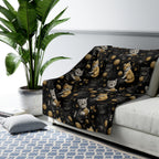 Sherpa Blanket - Assorted Cute Kittens with Colorful Yarn Balls and Paw Prints on a Black Backdrop
